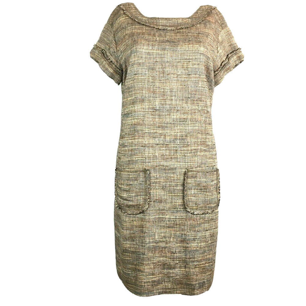 W By Worth Dress Womens‎ Sz 6 Brown Tweed Linen Cotton Fringe Pocket Shift